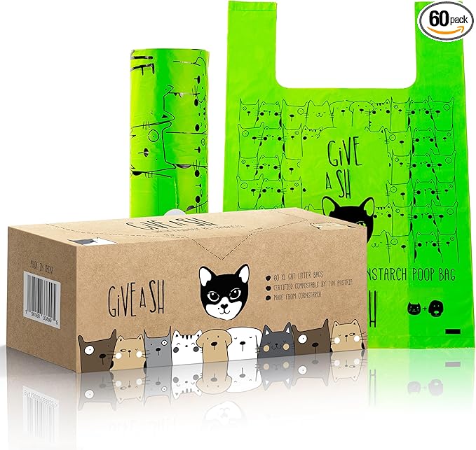 Certified Home Compostable Cat Litter Bags For Poop - 10% to Charity - Cornstarch-Based - For Cleaning Up Litter Trays - NF T51-800 Compliant - 60 Extra Large Disposable Bags