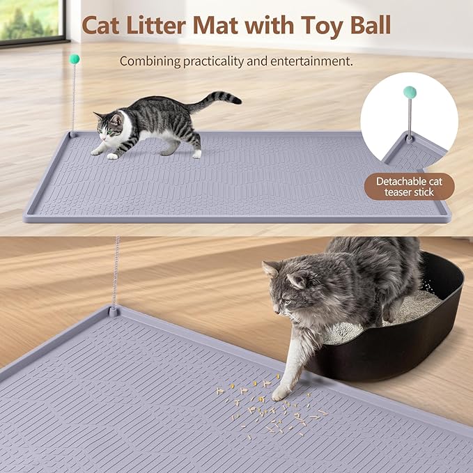 Bartuke Large Cat Litter Mat with Toy Ball, 38'' x 25'' Silicone Cat Litter Trapping Mat for Scatter Control, Soft on Kitty Paws, Easy to Clean (Light Grey)