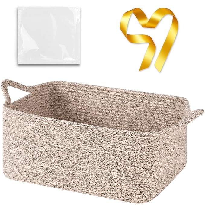 Large Empty Gift Baskets for Baby Shower, 16.5"L x 12.6"W x 7"H Cute Woven Storage Basket with Gift Bags and Ribbons, Small Rope Toy Basket with Handles, Cat Dog Pet Toy Organizer - Brown