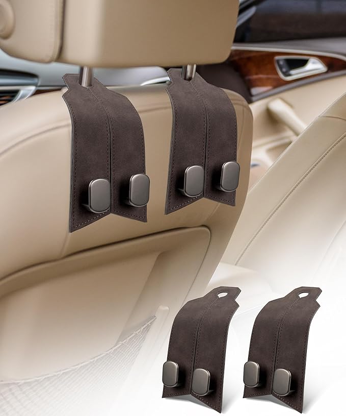 Car Seat Hooks for Headrest, Purse Hook for Car, Car Seat Hooks Purse Hanger for Car 100% Metal & Premium Leather 2025 Latest Car Organization Accessories for Bags, Purses, Phones etc (Brown 2Pcs)
