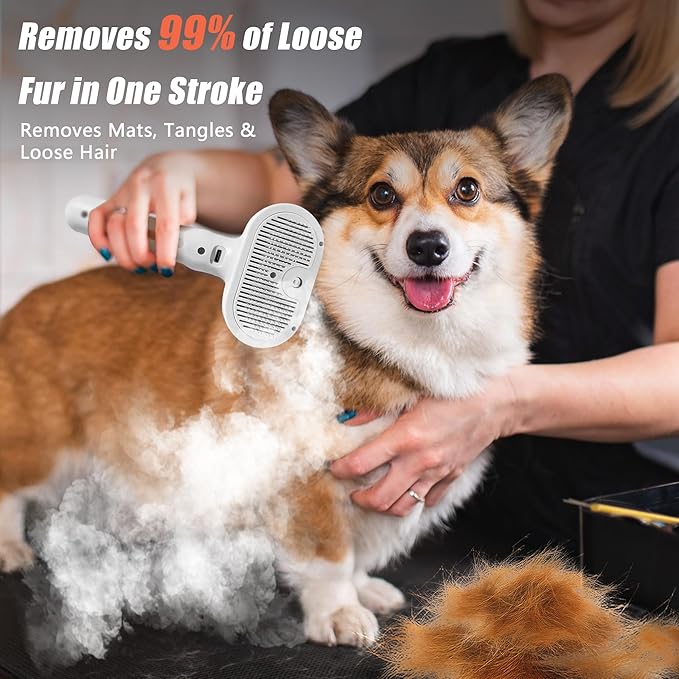 Dog Steam Brush 3 in 1 Cat Brush with Steam and Release Button Grooming Tool for Indoor Pets Dogs Hair Removal Shedding Water for Small Animals Long Short Haired - White
