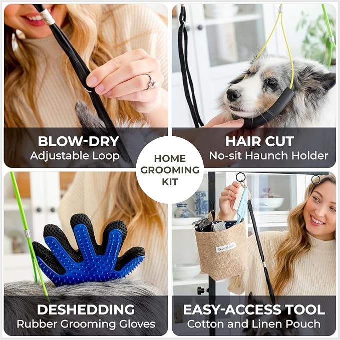 Dog Grooming Kit Adjustable Arm With Clamp: Height 26"-40", Small Dog Sling For Nail Trimming Hammock, no-sit Haunch Holder Leash Loops, Glove, Tool Hanging, Full Home Pet Grooming Supplies Kit, Cats