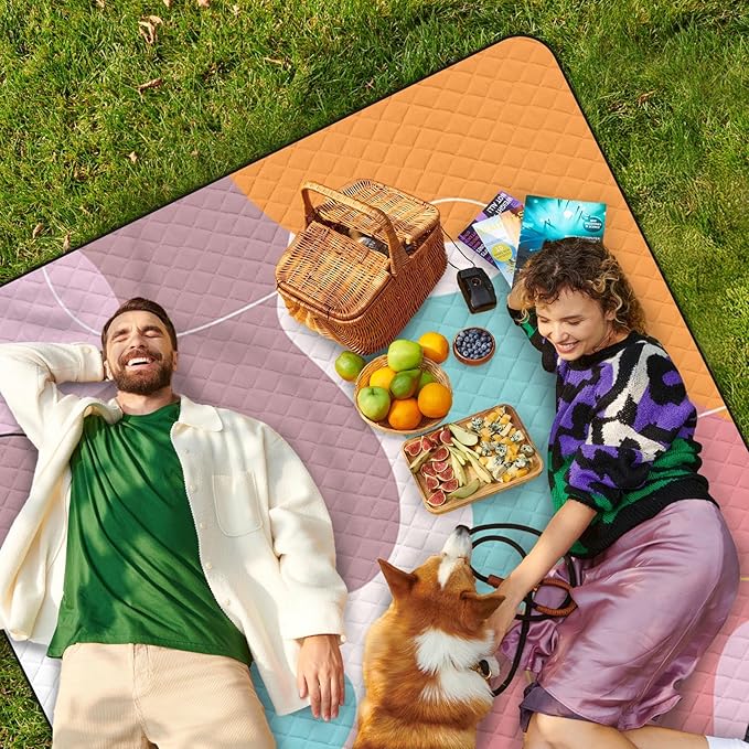 Waterproof Picnic Outdoor Blanket, 79" x 59" Sandproof Foldable Large Picnic Blanket for Beach, Camping, Park, Travel, Concert, Great Gift for Families and Couples (Pink Geometry)