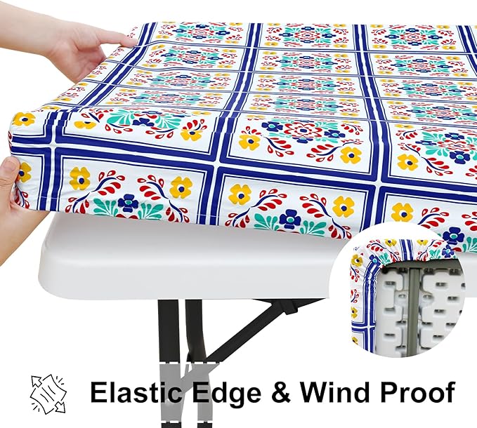 misaya Rectangle Vinyl Tablecloth, Fitted Table Cover, 100% Waterproof, Elastic Edge, Flannel Backing, Table Cloth Fit 8 Foot Folding Tables for Picnic, Outdoor (Geometric Flower, 30x96 inch)