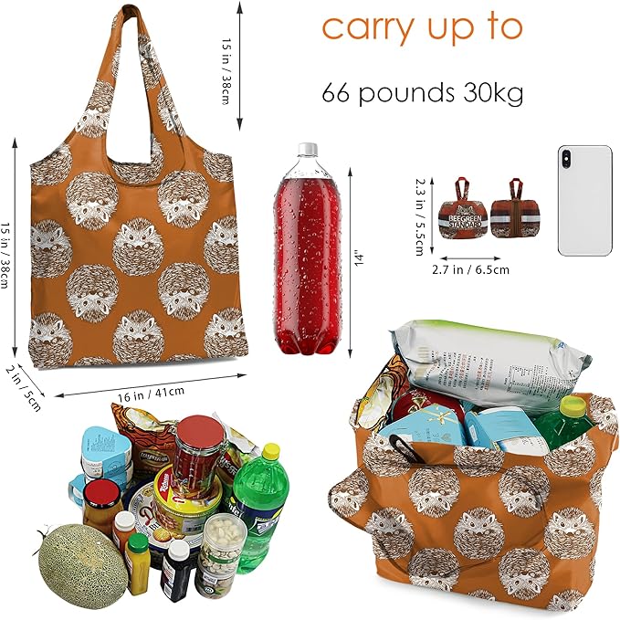 BeeGreen Hedgehog Ultimate Travel Tote Bag - Orange Reusable Grocery Shopping Bag - Foldable Compact Portable Sturdy Bags