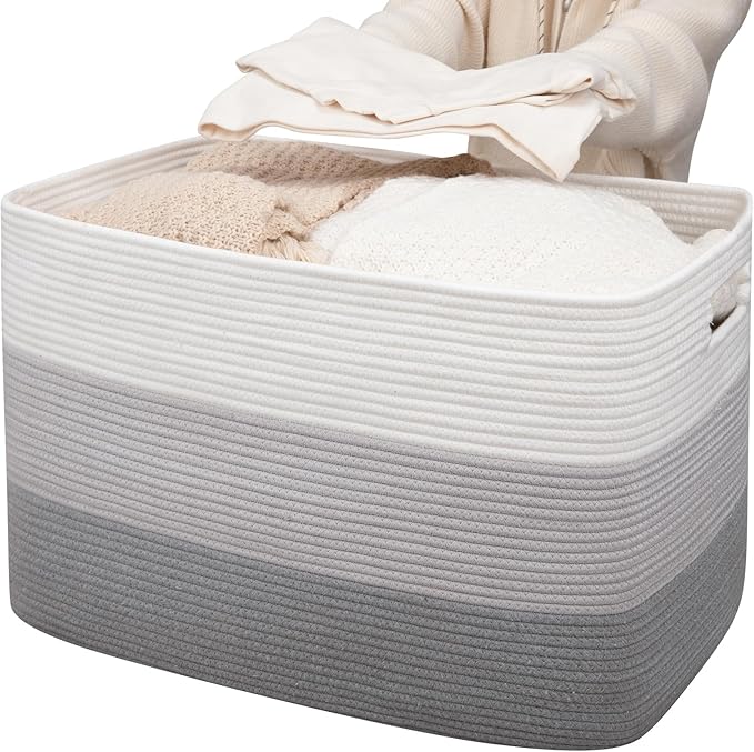 OIAHOMY 118L Extra Large Blanket Basket, Rectangle Woven Cotton Rope Storage Basket, Used for storing Dirty Clothes, Stuffed Animal Toy Storage for Living Room,Kids Room,25" x 17" x 16", Gradient Grey