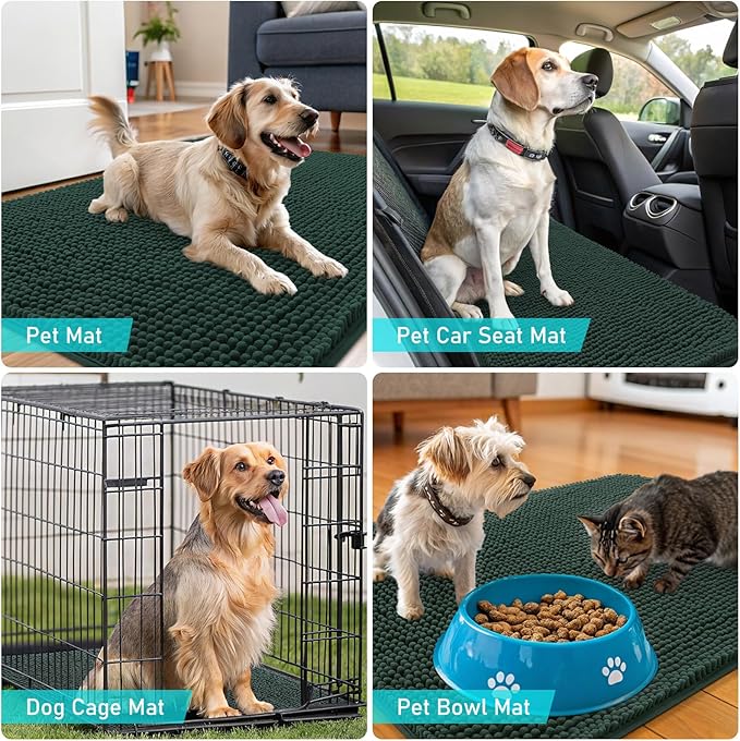 OLANLY Dog Door Mat for Muddy Paws 40x24, Absorbs Moisture and Dirt, Absorbent Non-Slip Washable Doormat, Quick Dry Chenille Mud Mat, Entry Indoor Entryway Carpet for Inside Floor, Blackish Green