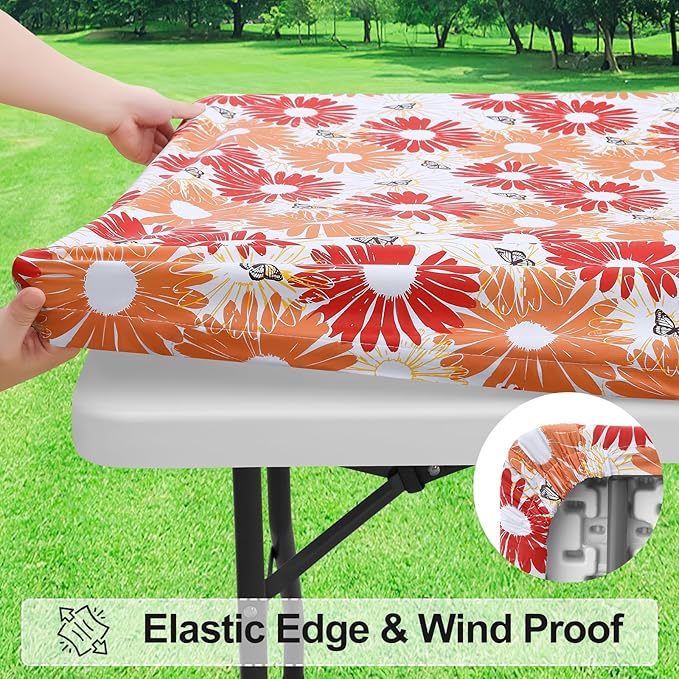 misaya Rectangle Vinyl Tablecloth, Fitted Table Cover, 100% Waterproof, Elastic Edge, Flannel Backing, Table Cloth Fit 8 Foot Folding Tables for Picnic, Outdoor (Red Daisy, 30x96 inch)