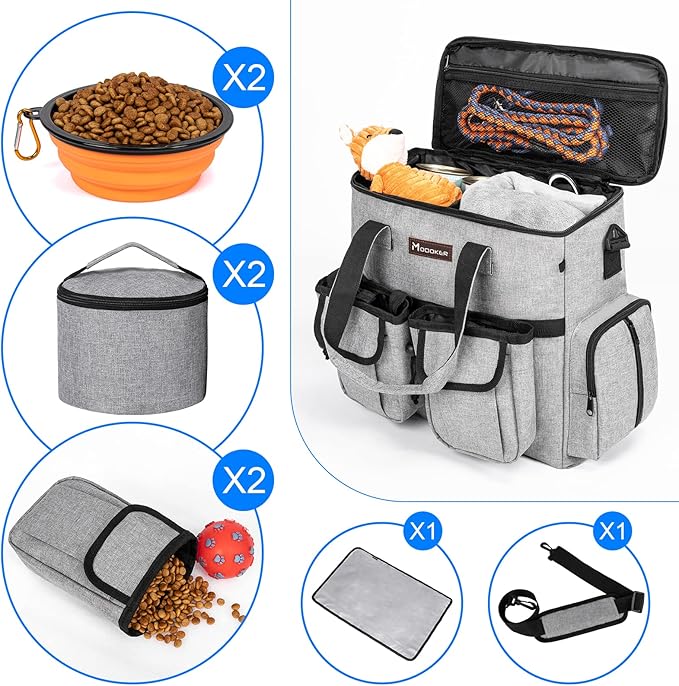 Modoker Dog Travel Organizer with 2 Collapsible Bowls for Supplies & Accessories, Airline Approved Dog Tote Pet Travel Bag with 2 Travel Food Container