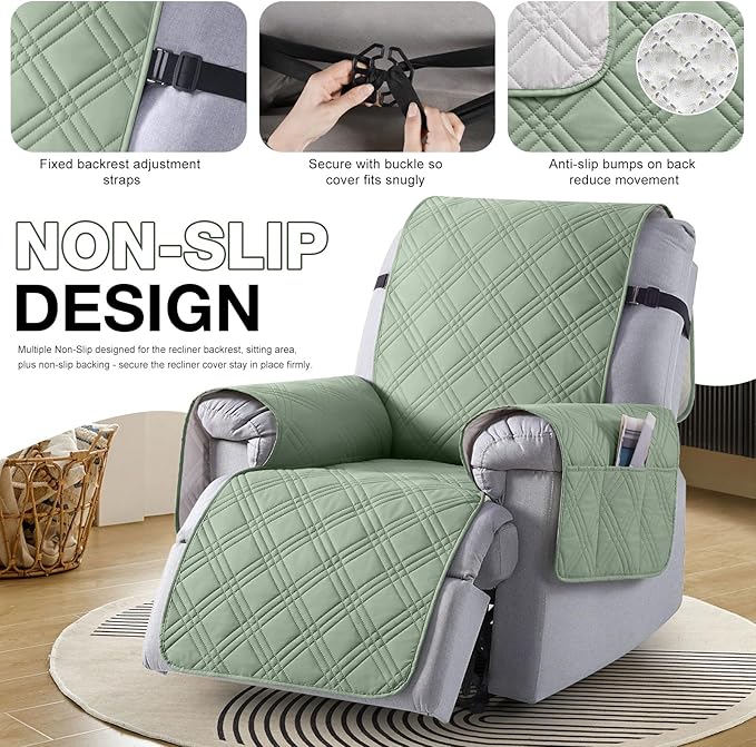TAOCOCO Waterproof Recliner Chair Cover, Non Slip Oversized Recliner Covers for Recliner Chair with Pocket, Reclining Chair Cover Furniture Protector for Kids, Dogs(28'', Sage Green)