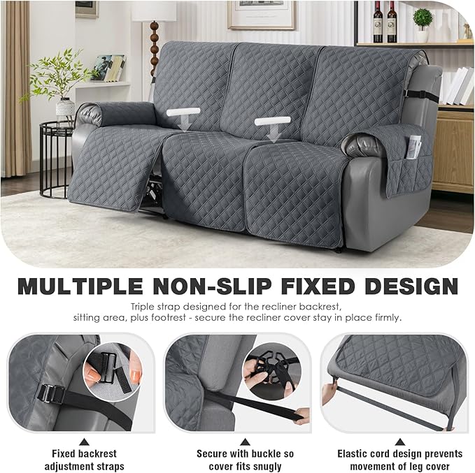 TAOCOCO 100% Waterproof Recliner Couch Covers, Recliner Sofa Covers with Leg Straps, 1-Piece Washable Reclining Sofa Cover with Pocket Couch Protector for Pets Kids(3 Seater, Dark Grey)