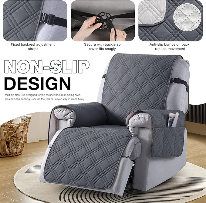 TAOCOCO 100% Waterproof Recliner Chair Cover, Non Slip Oversized Recliner Covers for Recliner Chair with Pocket, Reclining Chair Cover Furniture Protector for Kids, Pets(28'', Dark Grey)