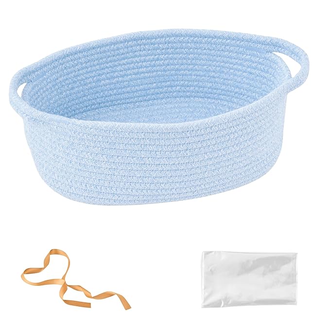 Small Woven Gift Basket Empty with Bag & Ribbon - Gifts for Mom, Baby Shower, Birthdays & Raffle - Cotton Rope Storage Basket for Dog Toys or Shelf - 12"x8"x5", Blue