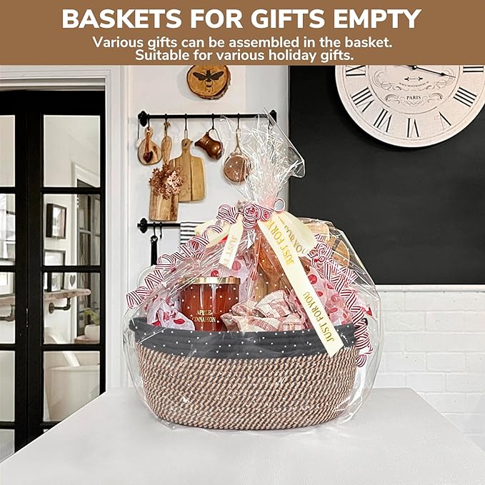 CHICVITA Small Woven Basket with Gift Bags & Ribbon Baskets for Gifts Empty, Rope Baskets for Organizing, Home Decoration for Kids, 12"x 8"x 5", Black & Jute