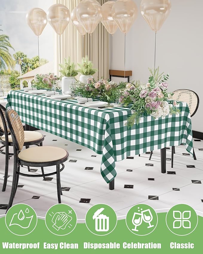 Smiry 8 Packs Gingham Disposable Table Cloth, 54 x 108 Inch Waterproof Plastic Tablecloth, Rectangle Hunter Green and White Checkered Table Covers for Picnic, Birthday, Party