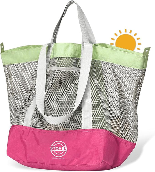 STOVER Large Mesh Beach Bag, Vacation, Pool, Shopping, & Travel Tote - Foldable w/Storage Pockets for Women, Men & Families