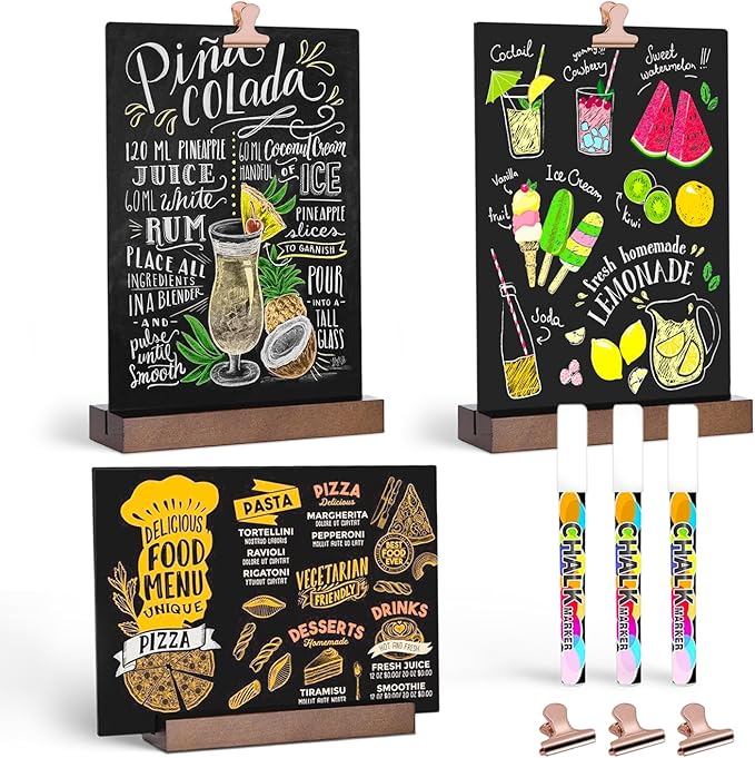 Tabletop Chalkboard with Wood Stand - 3 Pack, 6 x 8 Inch Double Sided Blackboard Food Signs Menu Message Boards for Coffee Bar, Lemonade Stand, Party Decoration - Vertical Back