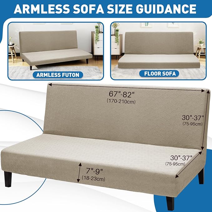 ZNSAYOTX Stretch Fit Futon Cover (67"-82") Armless Futon Sofa Bed Slipcover with Elastic Band, Universal Foldable Sofa Mattress Protector Full Queen Size, Washable Comfort Jacquard (Khaki)