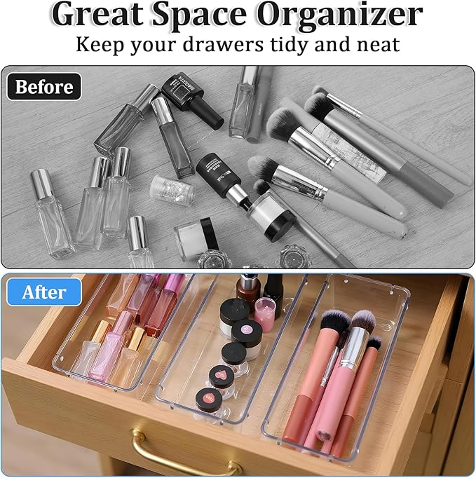 MBIYO 12 Pack Clear Drawer Organizers, 9 x 3 x 2“ Plastic Silverware Organizer Utensil Drawer Organizer for Desk Makeup Lipstick Kitchen Utensils Kitchen Drawers Dividers