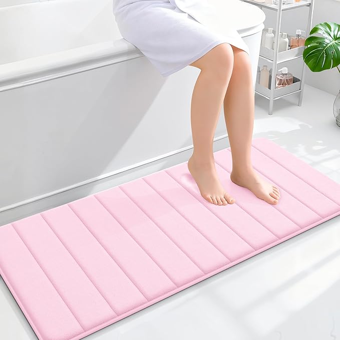 OLANLY Memory Foam Long Bathroom Rugs Runner 47x20, Super Soft Absorbent Bath Mat, Quick Dry, Machine Washable Shower Floor Rugs, Bathmat Carpet, Bathroom Home Decor Accessories, Pink
