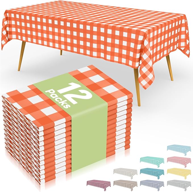 Smiry 12 Packs Gingham Disposable Table Cloth, 54 x 108 Inch Waterproof Plastic Tablecloth, Rectangle Orange and White Checkered Table Covers for Picnic, Birthday, Party