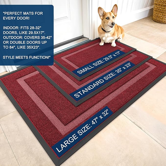 OLANLY Front Door Mat Indoor Outdoor Entrance, Waterproof All-Season, All-Weather Doormat, Sturdy Natural Rubber, Fade Resistant, Low Profile, Easy Clean Patio Porch Entryway Mat, 47x17, Wine Red