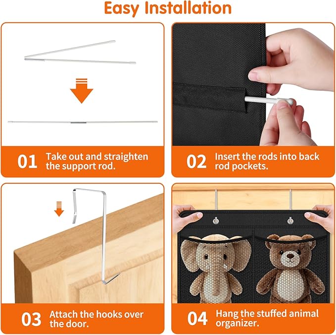 Stuffed Animal Storage - Large Over the Door Organizer with 6 Expandable Mesh Pockets & Metal Hooks, Non-Woven Fabric Hanging Plush Items Holder for Nursery, Bedroom, Playroom (Black)