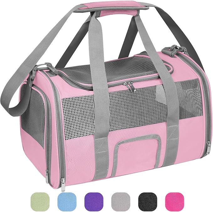Soft-Sided Cat Carrier for Pets Up to 15lbs, Airline Approved Under-Seat Travel Carrier, 17 Inch TSA Approved with Collapsible Bowl, Breathable Mesh & Removable Pad, Pink-Grey