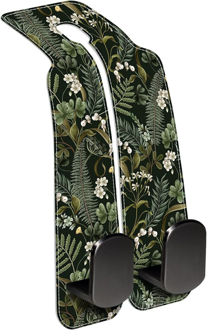 AEWNUNK Purse Hook for Car White Flowers Berries and Leaves 1 Pack Headrest Back Seat Hook Premium Leather Double Metal Hanger Storage Pack Bag Purse Holder Car Accessories