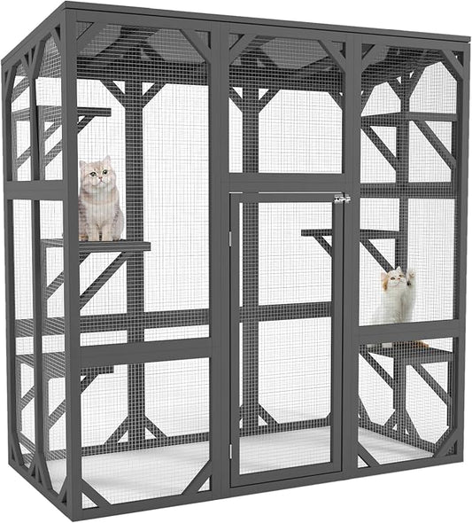 LOVMOR 60" Outdoor Catio with Six Platforms, Outdoor Cat Enclosure with Large Enter Door, Waterproof Roof, Safety Galvanized Steel Wire Mesh, Easy Installation