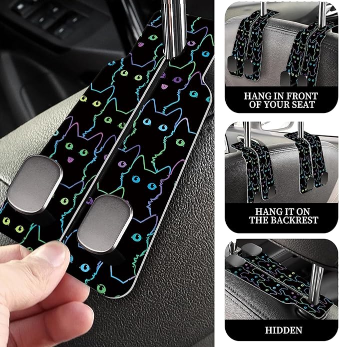PU Leather Car Seat Hook, Storage Headrest Hanger, Cute Car Backseat Organizer, Car Hooks for Purses and Bags Neon Cat Eyes