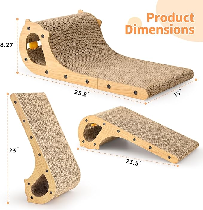 2 in 1 Cat Scratcher Bed for Indoor Cats, Large Cardboard Scratching Pad with Bell Ball Toy for Kitty As Scratch Lounge Couch with Double-Sided Usability