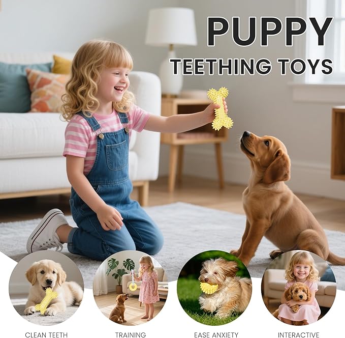 Puppy Toys, Puppy Teething Toys, 9 Pack Soft Durable Rubber Interactive Pink Puppy Chew Toys for Teething to Soothe Gums and Keep Busy, Cute Puppy Essentials (Yellow)
