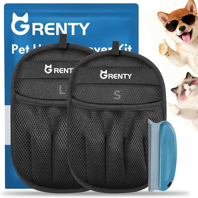 GRENTY Pet Hair Removal Glove for Cats & Dogs (2 Pcs), Upgraded Five-Finger Magic Brush Pet Hair Remover, Pet Hair Removal Tools for Clothing, Carpet, Sofa Gaps, Car Seat
