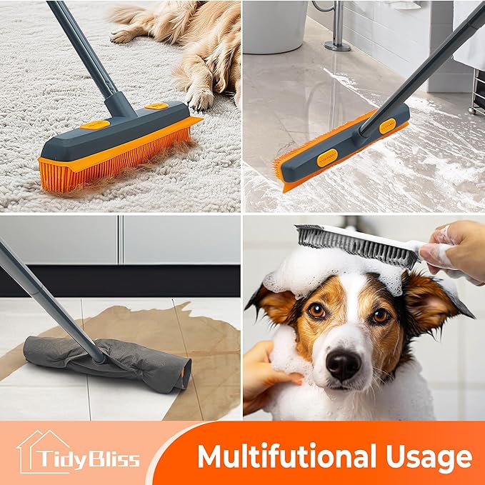 TidyBliss Pet Hair Removal Broom, 57.5 inches Rubber Brush Carpet Rake with Silicone Squeegee, Fur Remover Tool with Detailing Lint Comb for Cleaning Rug, Tile, Hardwood Floor (Gray Orange)