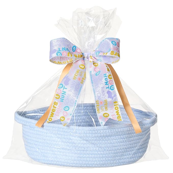 Small Woven Gift Basket Empty with Bag & Ribbon - Gifts for Mom, Baby Shower, Birthdays & Raffle - Cotton Rope Storage Basket for Dog Toys or Shelf - 12"x8"x5", Blue/Easter Ribbon