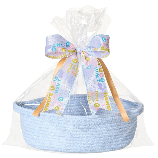 Small Woven Gift Basket Empty with Bag & Ribbon - Gifts for Mom, Baby Shower, Birthdays & Raffle - Cotton Rope Storage Basket for Dog Toys or Shelf - 12"x8"x5", Blue/Easter Ribbon