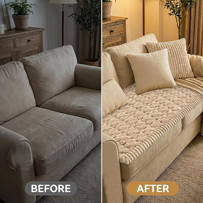 Smiry Pet Couch Cover for 3 Cushion Sofa, Non-Slip Fuzzy Couch Cover for Dogs Washable, Thick Soft Sofa Slipcovers Cushion Protector Pet Friendly (Camel, 27.6" x 70.9")