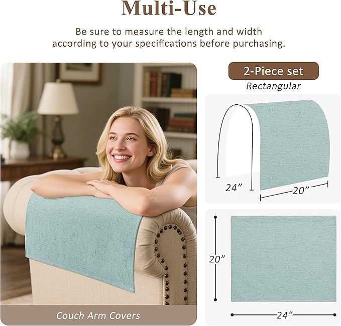 SPWIY Couch Arm Covers Linen Chair Arm Covers Stain Resistant & Anti-Scratch Furniture Protector for Sofa Washable Recliner Armrest Cover for Pets, Light Blue, 2 Pcs, 20" W x 24" L