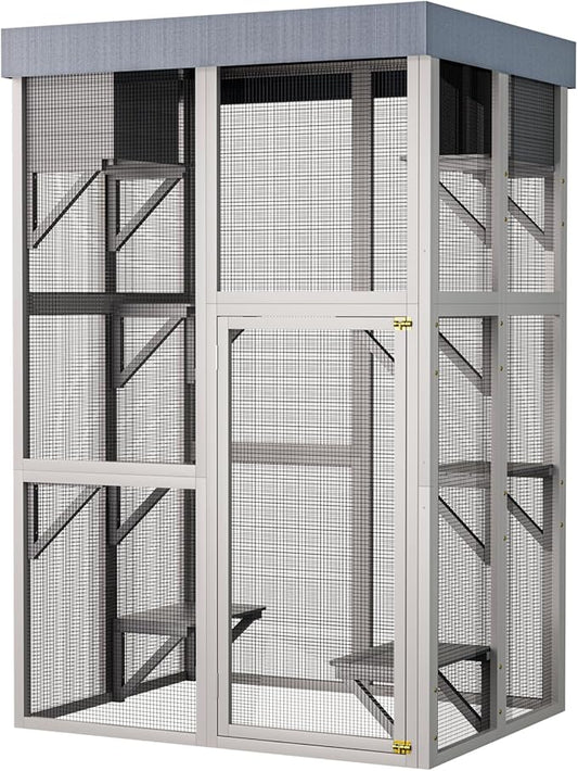 LOVMOR 70" Tall Outdoor Wooden Catio with 5 Platforms & 2 Resting Boxes, Rounded Corner Design, UV-Resistant & Waterproof, Rust-Proof Metal, Secure Locking Mechanism