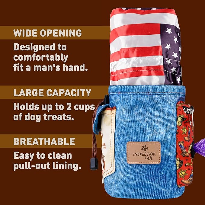 INSPECTOR TAIL Dog Treat Pouch w Drawstring to Prevent Spills | 2 Cup Tote | Hands Free w 4 Ways to Wear Puppy Bag w Pockets for Snacks Poop Bags Keys & Cards | Pet Training Walking & Rewarding Holder