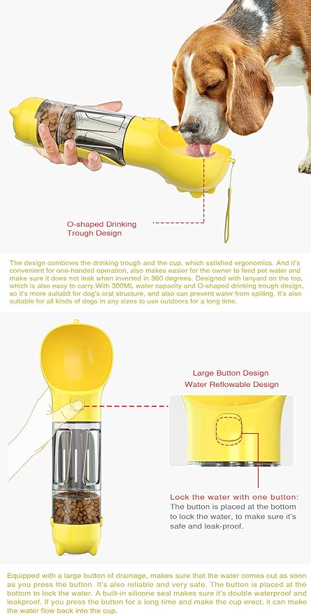 Upgraded Dog Water Bottle,Multifunction with Detachable Food Container and Poop Bags Dispenser,External Trash Shovel,Leakproof,Pet Travel,Outdoor Activity Necessities,Yellow(10.56fl oz)
