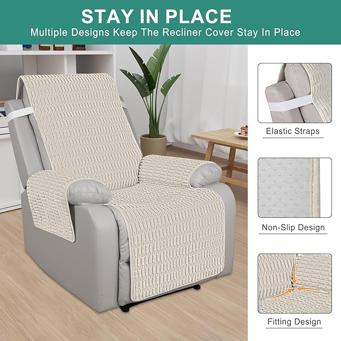 Foxdecor Recliner Chair Covers, Recliner Cover Non-Slip Chair Covers, Washable Recliner Couch Cover Furniture Protector, Cover for Recliner Chair with Elastic Straps. (Cream, 23" W)