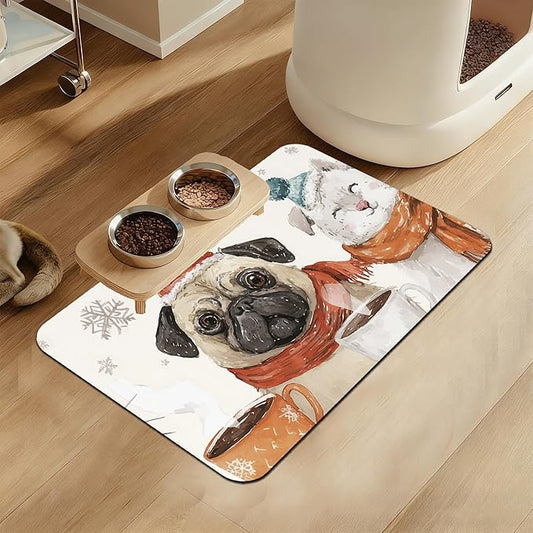 Chirstmas Dog Coffee Dog Cat Food Mat–Absorbent Waterproof Placemat for Food and Water Bowls, Non Slip Rubber Backing, Feeding Mat for Clean Floors 12"x20"