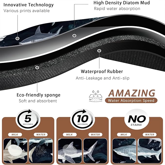 Cute Shark Dog Cat Food Mat,Absorbent Pet Feeding Mat with Rubber Backing,Non-Slip Water Bowl Placemat,Indoor Pet Accessories Supplies 12"x20"