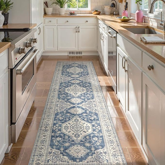 Lahome Oriental Hallway Runner Rug Non Slip, 2.5x8 Kitchen Washable Runner Soft Hallway Rug, Traditional Ultra-Thin Carpet for Bathroom Entryway ‎Laundry Room Eleanor, Blue