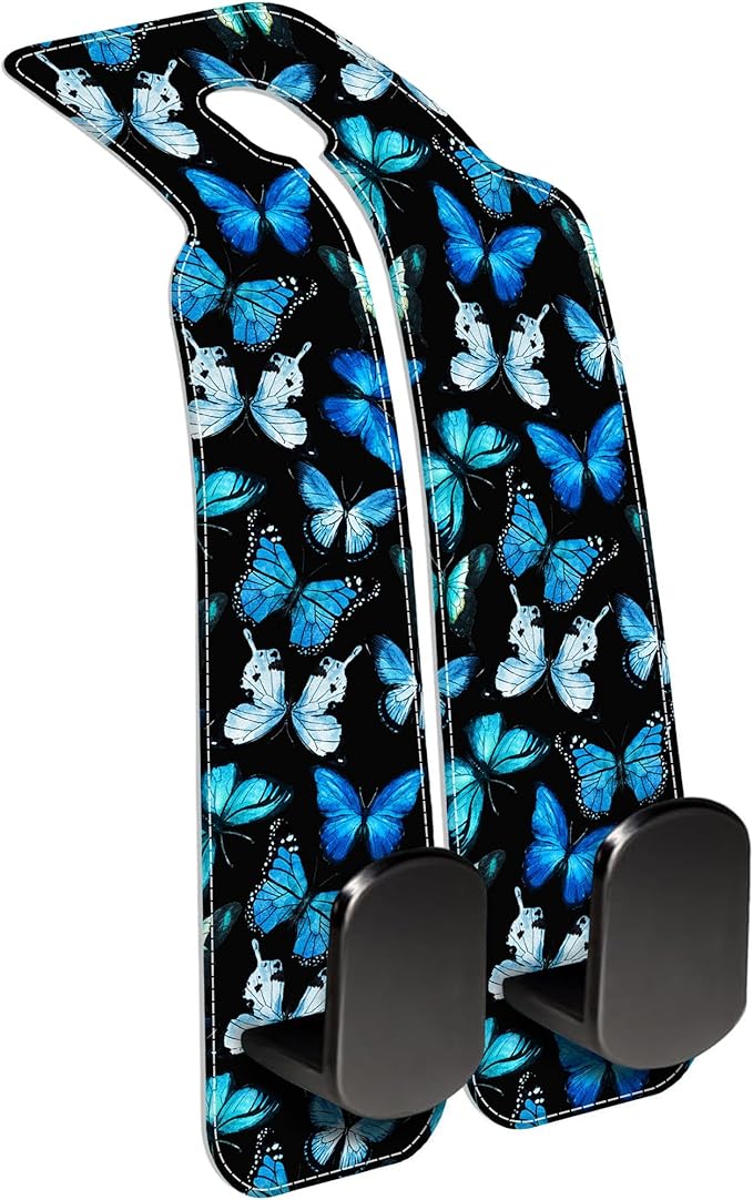 AEWNUNK Purse Hook for Car Watercolor Blue Butterflies 1 Pack Headrest Back Seat Hook Premium Leather Double Metal Hanger Storage Pack Bag Purse Holder Car Interior Accessories