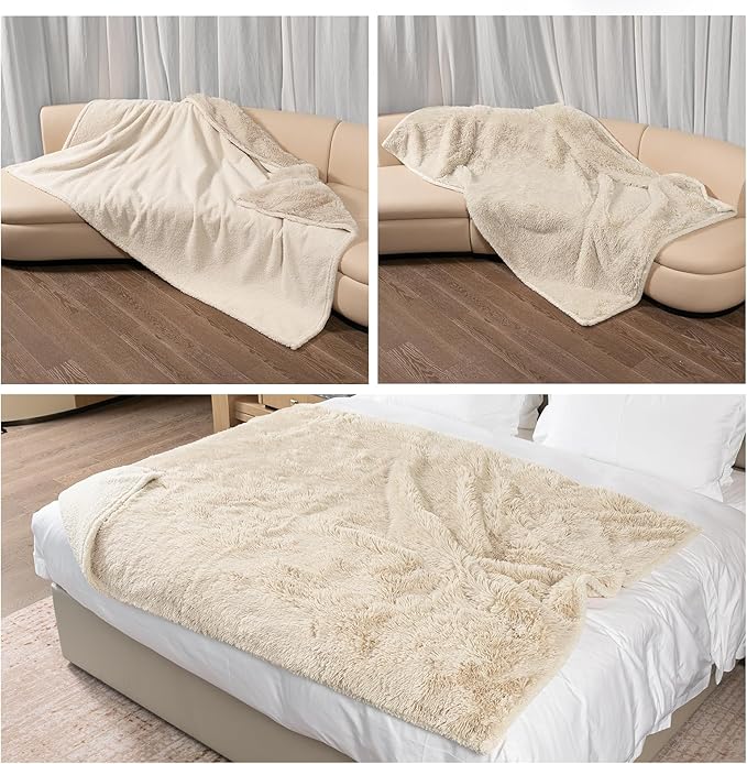 Wowchine Waterproof Cream Calming Dog Blanket Beige Fluffy Long Faux Fur Pet Throw Blankets for Cats Puppy Couch Sofa Covers Washable Love Bed Cover(Beige,M-57x40in)