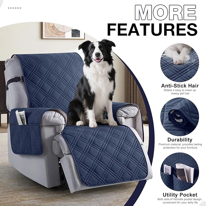TAOCOCO Waterproof Recliner Chair Cover for Large Recliner, Oversized Recliner Covers for Recliner Chair with Pocket, Recliner Slipcover Furniture Protector for Kid Pets(28'', Navy Blue)