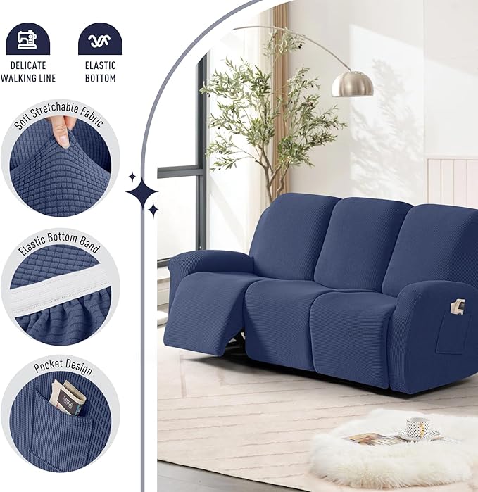 TAOCOCO Recliner Sofa Covers 8-Pieces Stretch Large Couch Covers for 3 Seats Reclining Slipcovers Soft Jacquard Pattern Furniture Protector (Navy Blue)